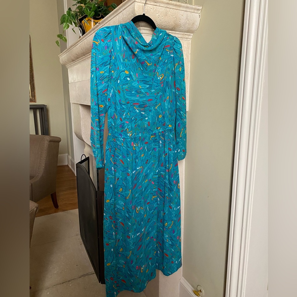 Vintage Herman Marcus Dallas Aqua Blue Abstract Art Squiggly Print Dress